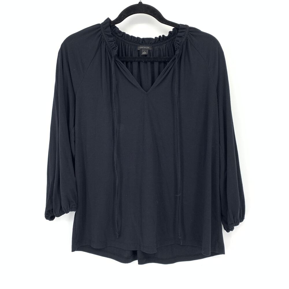 Ann Taylor 3/4 Sleeve Ruffle Tie Neck Blouse Womens Size Small Black